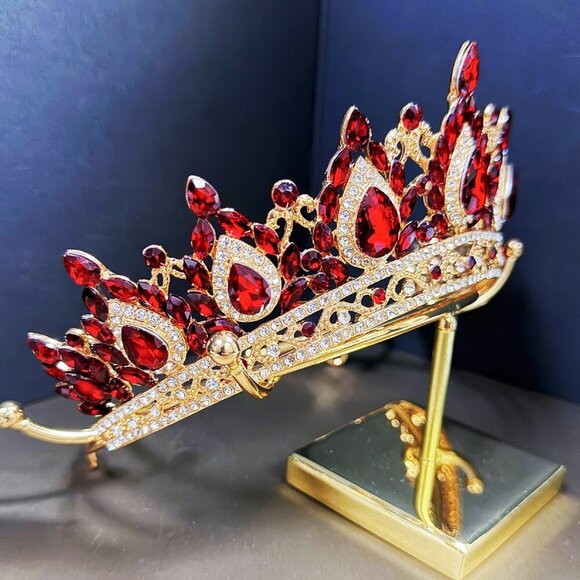 Gold Crown Crystal Tiara, Princess Crown, Gold Wedding Tiara, Wedding Ruby Crown